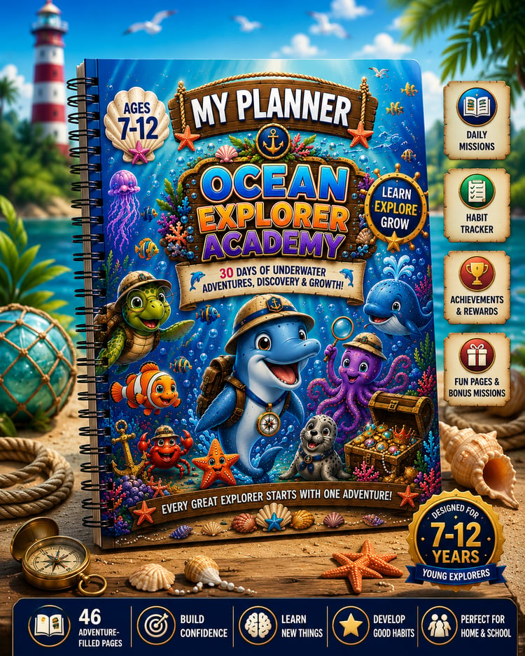Ocean Explorer Academy Planner printable kids planner PDF for ages 7 to 12 featuring daily planning, goal setting, and habit tracking activities