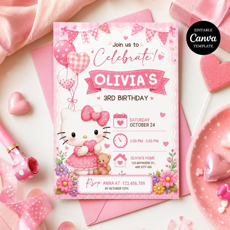 Editable Hello Kitty birthday invitation Canva template featuring a pink kawaii party design for girls. Instant digital download and printable invitation.