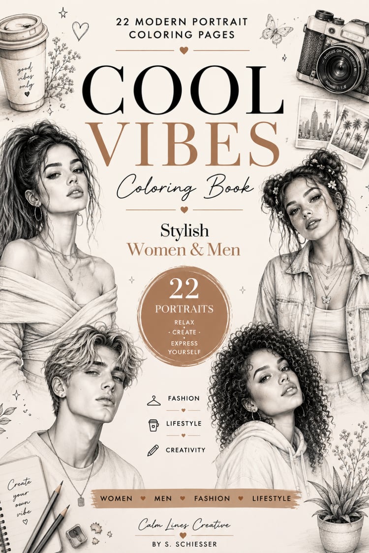 Cool Vibes grayscale portrait coloring book cover featuring modern female portraits, fashion-inspired line art and 22 printable coloring pages for adults.