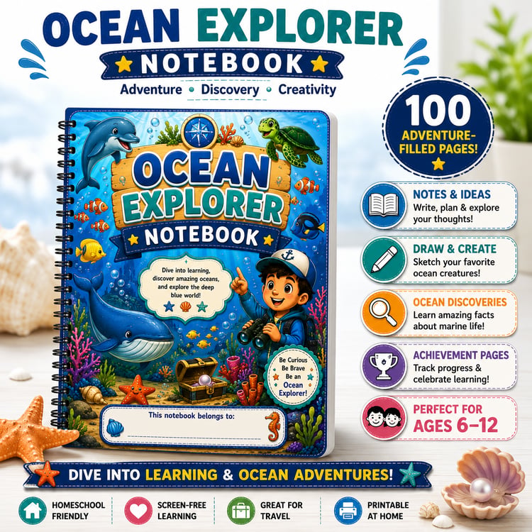 Ocean Explorer Notebook printable kids notebook PDF for ages 7 to 12 featuring ocean-themed writing pages, creativity activities, drawing sections, and educational learning resources