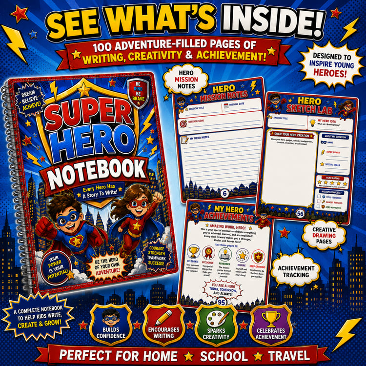 Super Hero Notebook contents overview featuring hero mission pages, creative writing sections, sketch pages, and achievement activities for kids ages 7 to 12