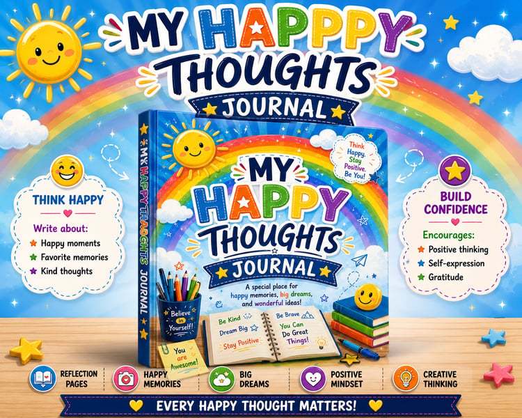 My Happy Thoughts Journal for Kids printable gratitude and reflection journal PDF for ages 7 to 12 featuring positive thinking activities and creative writing pages
