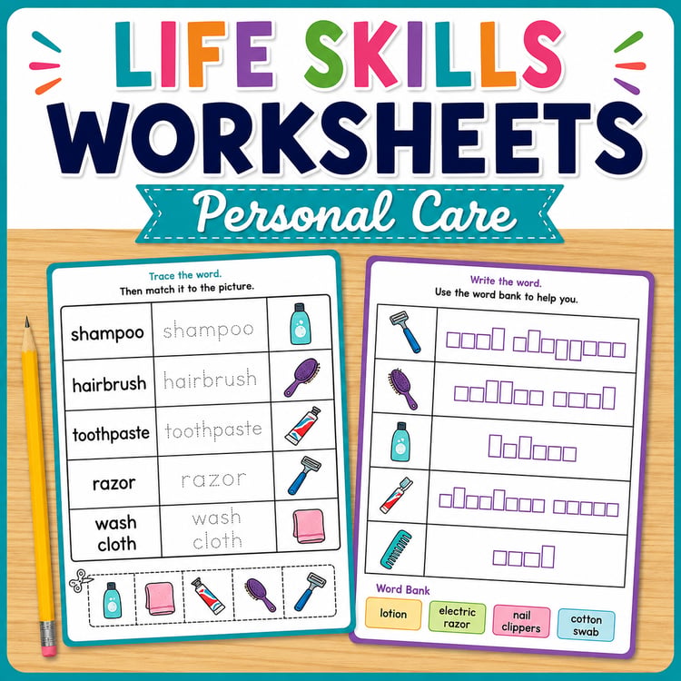 Functional Life Skills Curriculum - Hygiene Cut & Paste Vocabulary Worksheets