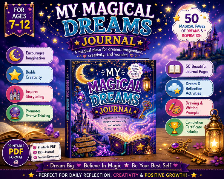 My Magical Dreams Journal for Kids printable dream journal PDF for ages 7 to 12 featuring creative writing, reflection activities, and positive self-expression exercises