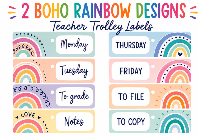10-Drawer Rolling Cart Labels | Boho Rainbow Classroom Decor & Teacher Trolley Organization