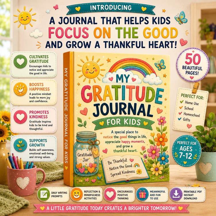 My Gratitude Journal for Kids printable gratitude and reflection journal PDF for ages 7 to 12 featuring daily gratitude prompts, positive thinking activities, and mindfulness exercises
