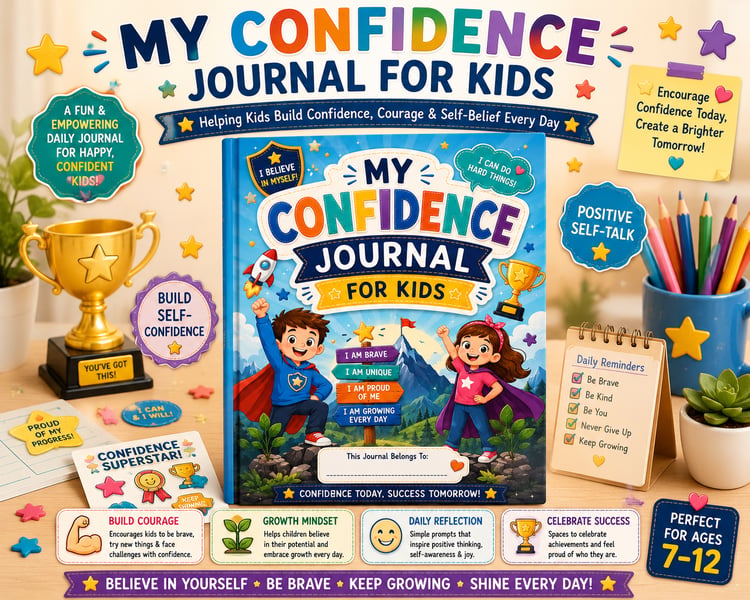 My Confidence Journal for Kids printable self esteem and reflection journal PDF for ages 7 to 12 featuring positive affirmations, confidence-building activities, and personal growth exercises