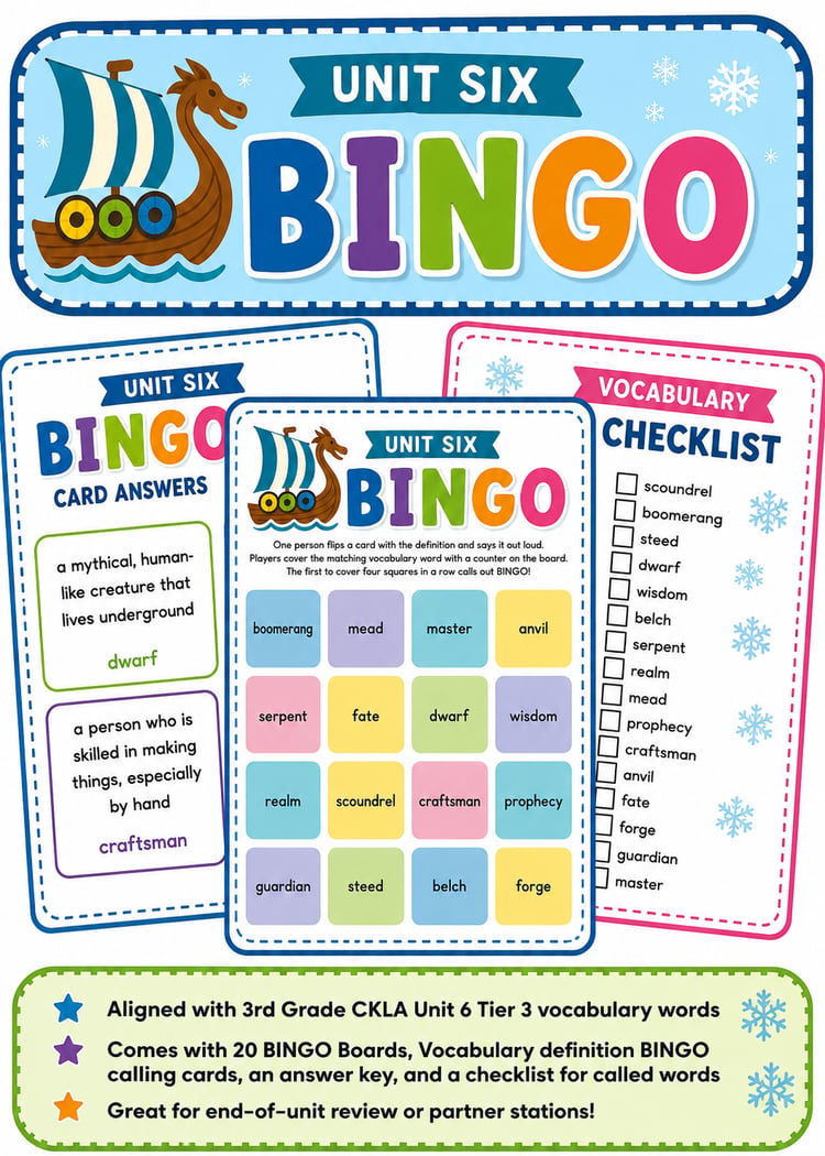 CKLA Grade 3 Unit 6: The Viking Age | Vocabulary Bingo Game