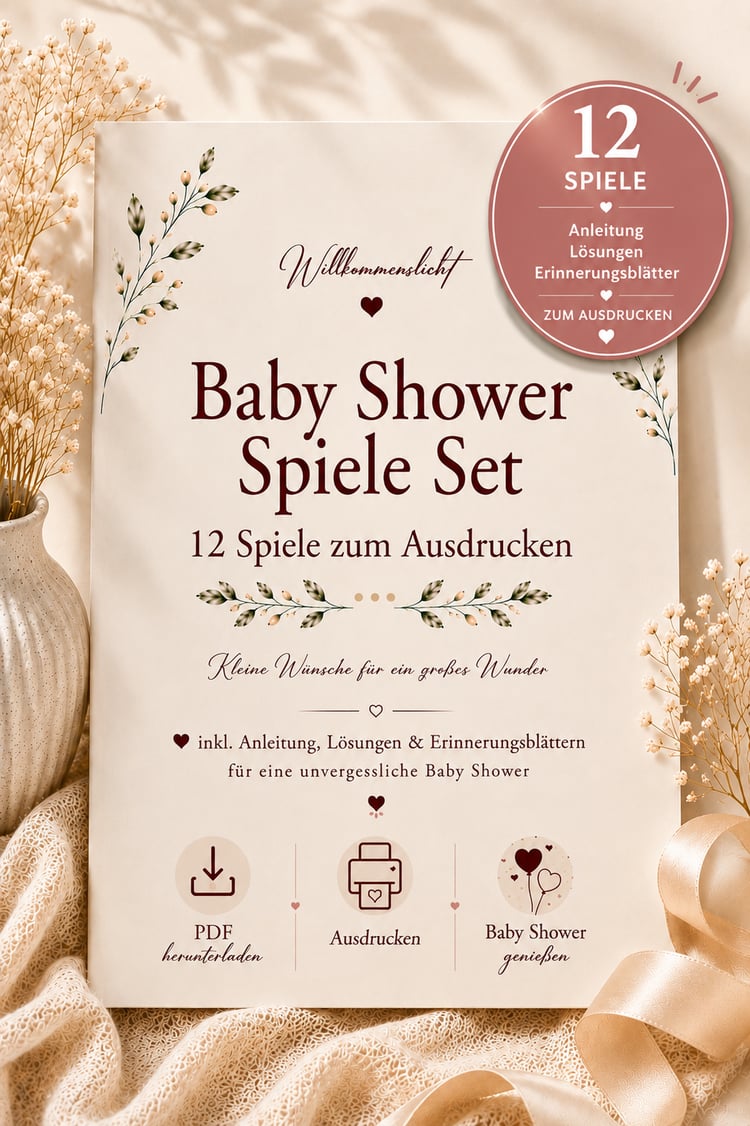 Baby Shower Spiele Set PDF zum Ausdrucken mit 12 modernen Spielen, Erinnerungsseiten und botanischem Unisex Design