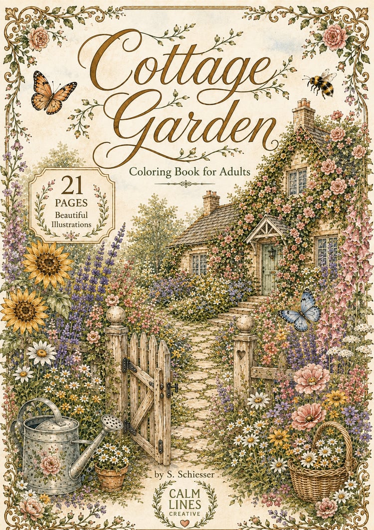 Cottage Garden Coloring Book for Adults cover featuring a charming flower-filled cottage garden with a wooden gate, butterflies, sunflowers and detailed botanical artwork.