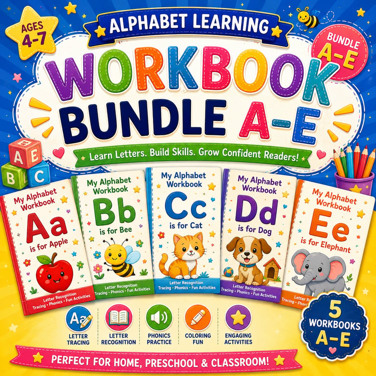 Alphabet Learning Workbook Bundle A to E printable preschool and kindergarten worksheets PDF featuring letter tracing, coloring, matching, and early literacy activities