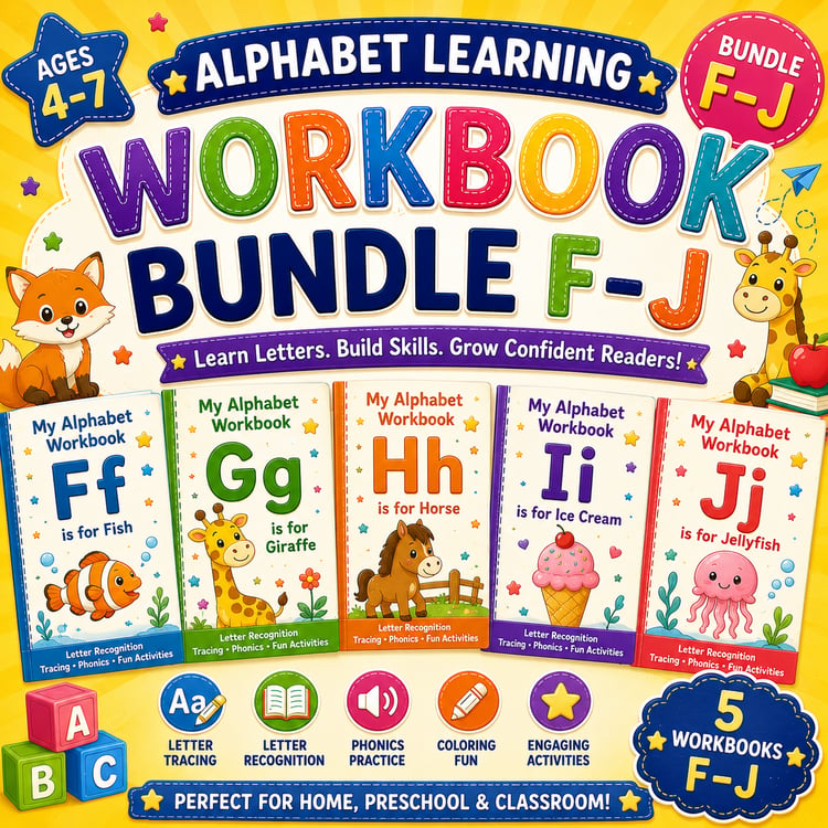 Alphabet Learning Workbook Bundle F to J printable preschool and kindergarten worksheets PDF featuring letter tracing, coloring, matching, and early literacy activities