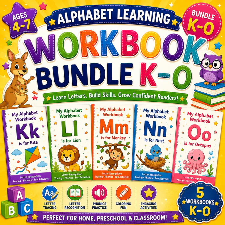 Alphabet Learning Workbook Bundle K to O printable preschool and kindergarten worksheets PDF featuring letter tracing, coloring, matching, and early literacy activities