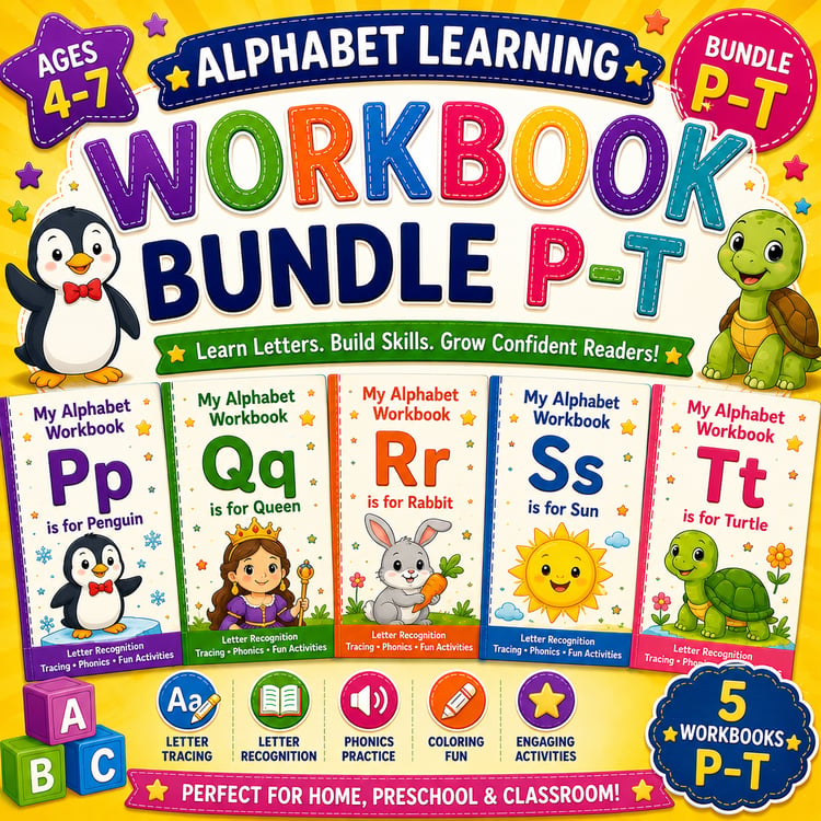 Alphabet Learning Workbook Bundle P to T printable preschool and kindergarten worksheets PDF featuring letter tracing, coloring, matching, and early literacy activities