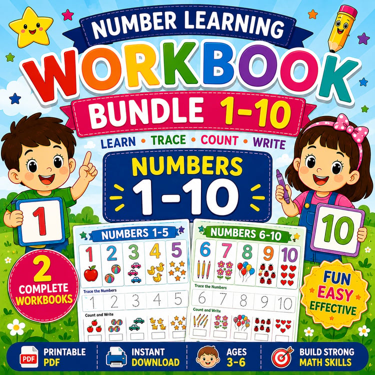 Numbers Learning Workbook Bundle 1 to 10 printable preschool and kindergarten math worksheets PDF featuring number tracing, counting activities, coloring, and early math skills
