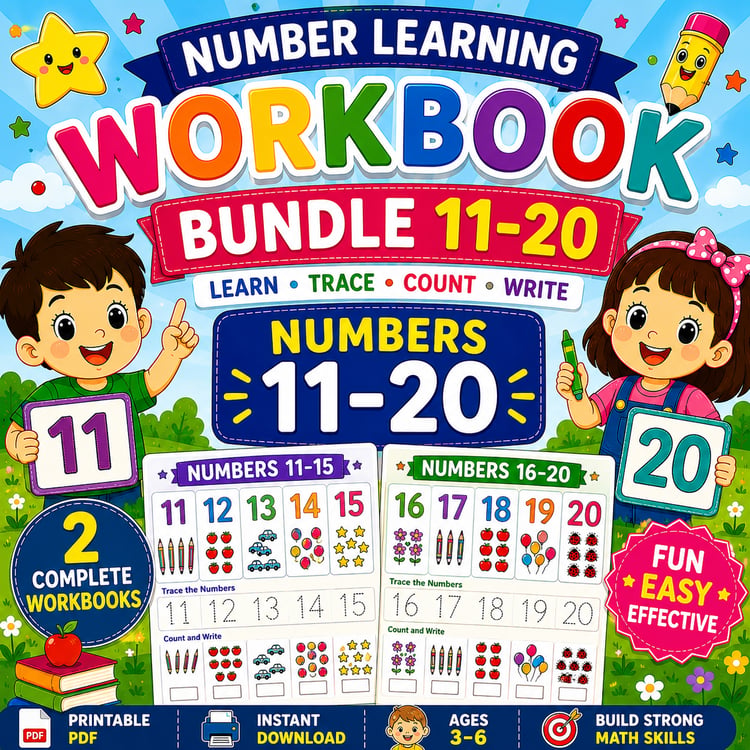 Numbers Learning Workbook Bundle 11 to 20 printable preschool and kindergarten math worksheets PDF featuring number tracing, counting activities, coloring, and early math skills