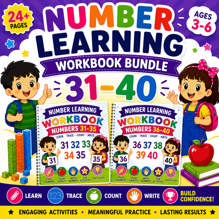 Numbers Learning Workbook Bundle 31 to 40 printable preschool and kindergarten math worksheets PDF featuring number tracing, counting activities, coloring, and early math skills