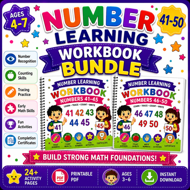 Numbers Learning Workbook Bundle 41 to 50 printable preschool and kindergarten math worksheets PDF featuring number tracing, counting activities, coloring, and early math skills