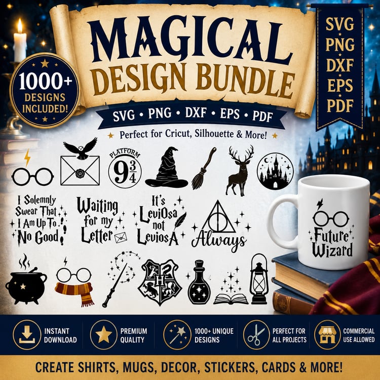 Magical fantasy SVG bundle with over 1000 SVG, PNG, DXF, EPS, and PDF designs for Cricut, Silhouette, sublimation, and DIY crafts.