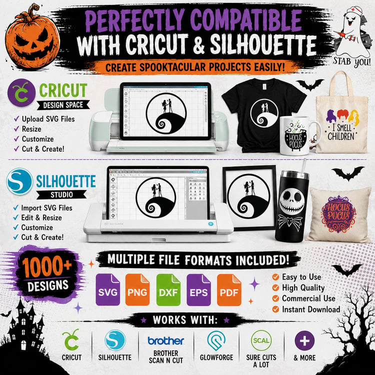 Halloween SVG bundle compatible with Cricut Design Space and Silhouette Studio for DIY crafts, shirts, signs, mugs and home decor.