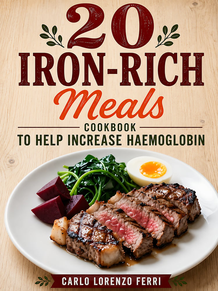 Cookbook cover for 20 Iron-Rich Meals to Help Increase Haemoglobin Naturally by Carlo Lorenzo Ferri, featuring a plate of sliced steak with green vegetables.