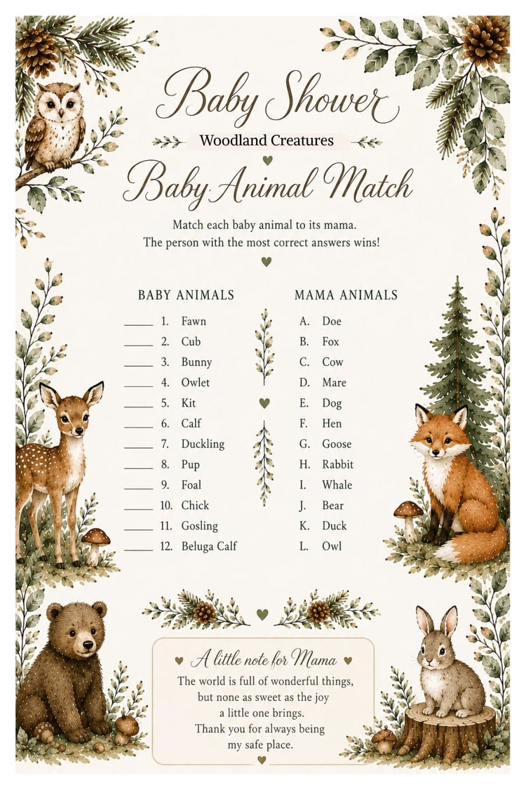 * woodland baby shower * baby shower game * baby animal match * woodland game printable * forest baby shower * baby shower activity * rustic baby shower * gender neutral shower * woodland animals * baby shower printable * instant download * 4x6 game card