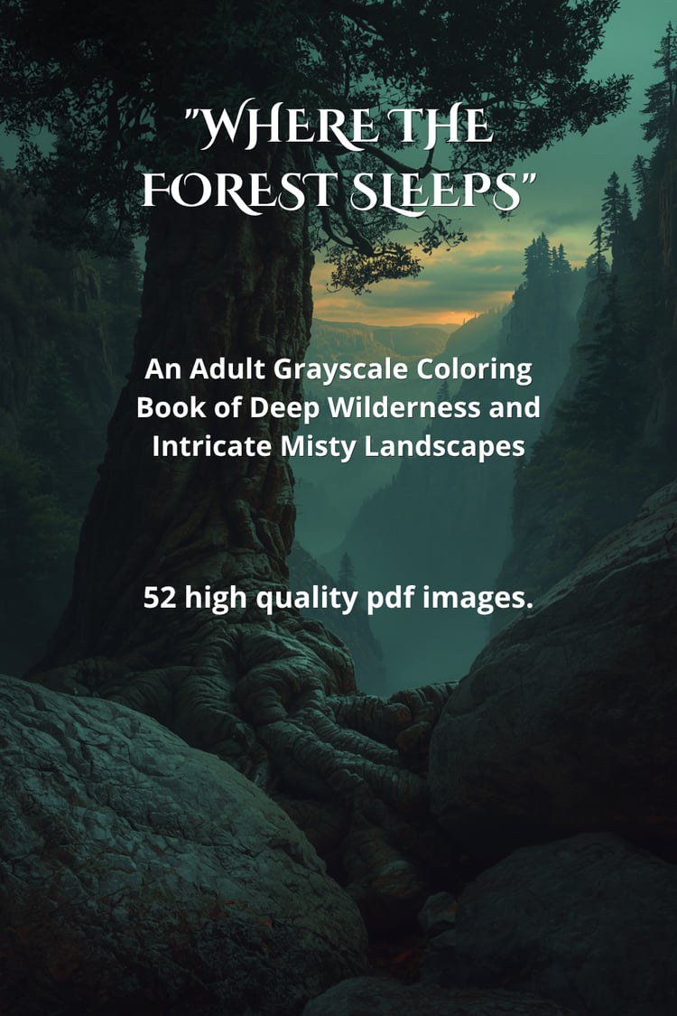 Book cover of "Where the Forest Sleeps" — an adult grayscale coloring book featuring a dramatic dark forest canyon with a massive ancient tree trunk and twisted roots in the foreground, misty mountain gorge and golden sunset sky in the background. Contain