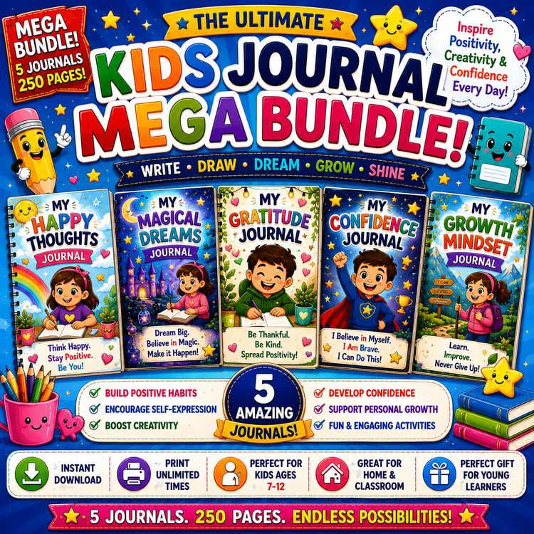 Kids Journals Mega Bundle printable PDF collection featuring 5 reflection and mindset journals for kids ages 7 to 12 with gratitude, confidence, growth mindset, and self-expression activities