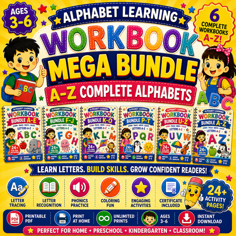 Alphabet Learning Mega Bundle A to Z printable preschool and kindergarten worksheets PDF featuring complete alphabet tracing, coloring, phonics, and early literacy activities