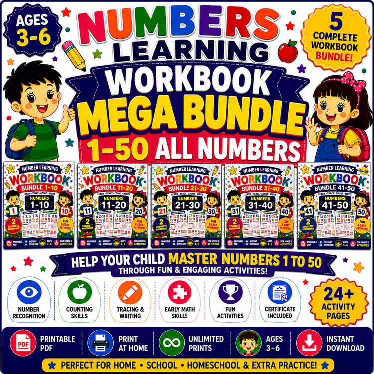 Numbers Learning Mega Bundle 1 to 50 printable preschool and kindergarten math worksheets PDF featuring complete number tracing, counting, coloring, and early math activities