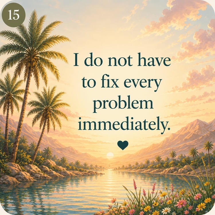 Pastel affirmation card showing a peaceful tropical lake at sunset with palm trees, flowers, and distant mountains. The text reads, “I do not have to fix every problem immediately,” with a small heart underneath.