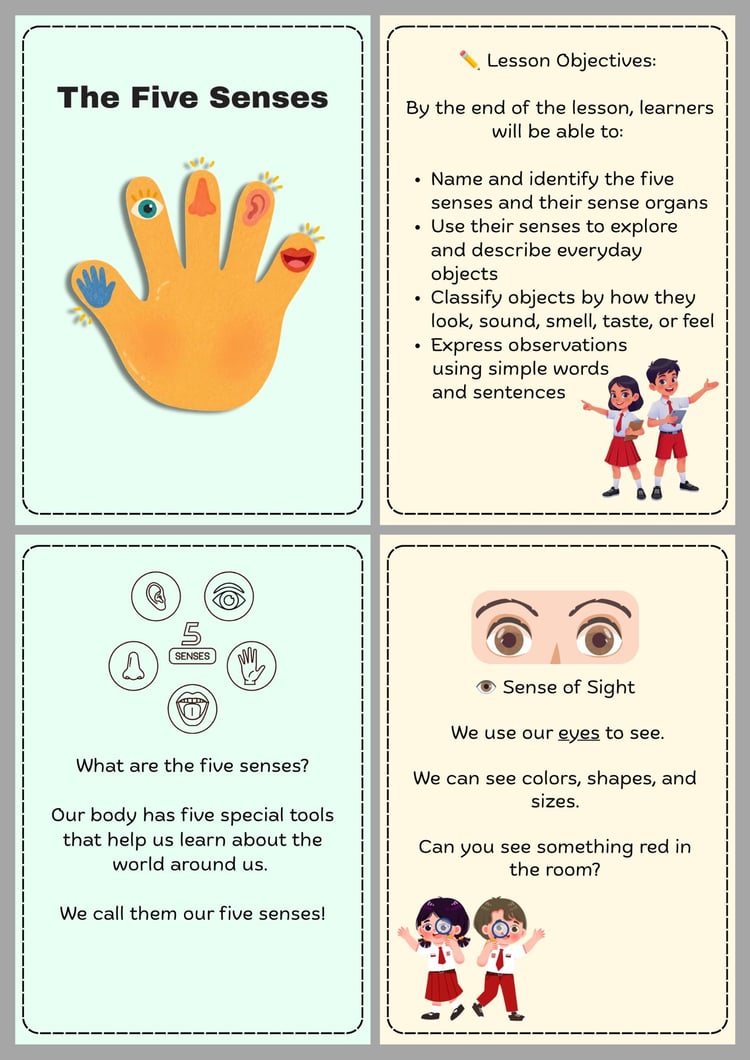Printable Five Senses flashcards featuring sight, hearing, smell, taste, and touch with child-friendly illustrations for preschool, kindergarten, and early learning.