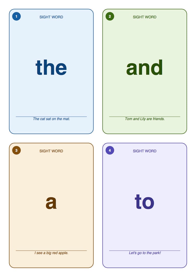 Printable sight word flashcards with large easy-to-read words designed for preschool, kindergarten, and early reading practice.