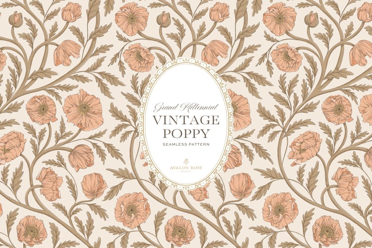 Vintage-inspired seamless surface pattern in a hand-drawn heritage style featuring glorious climbing and swirling poppy flowers in peach/apricot on cream.
