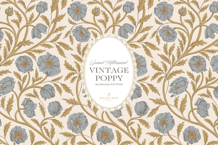 Vintage-inspired seamless surface pattern in a hand-drawn heritage style featuring glorious climbing and swirling poppy flowers in blue and gold on cream.