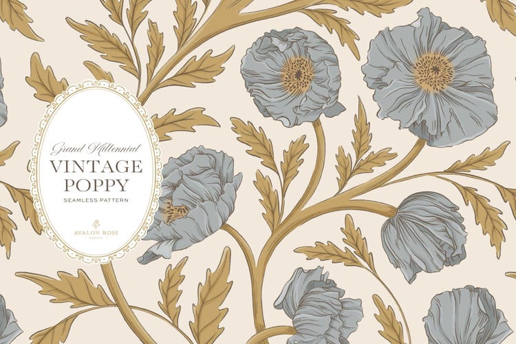 Vintage-inspired seamless surface pattern in a hand-drawn heritage style featuring glorious climbing and swirling poppy flowers in blue and gold on cream.