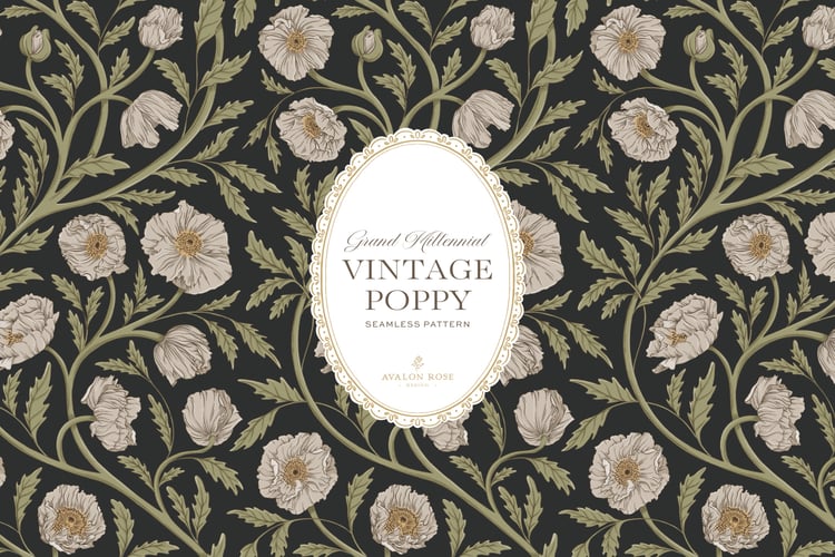 Vintage-inspired seamless surface pattern in a hand-drawn heritage style featuring glorious climbing and swirling poppy flowers in cream and green on charcoal.