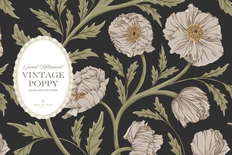 Vintage-inspired seamless surface pattern in a hand-drawn heritage style featuring glorious climbing and swirling poppy flowers in cream and green on charcoal.