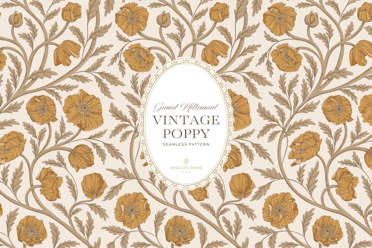 Vintage-inspired seamless surface pattern in a hand-drawn heritage style featuring glorious climbing and swirling poppy flowers in yellow gold and beige on cream.