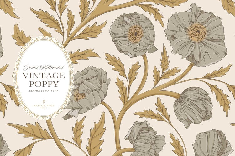 Vintage-inspired seamless surface pattern in a hand-drawn heritage style featuring glorious climbing and swirling poppy flowers in gold and warm gray on cream.