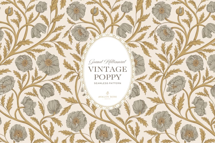 Vintage-inspired seamless surface pattern in a hand-drawn heritage style featuring glorious climbing and swirling poppy flowers in gold and warm gray on cream.