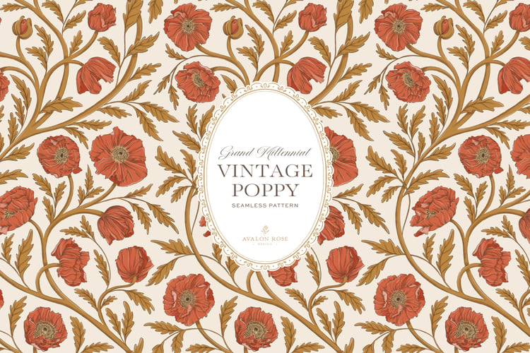 Vintage-inspired seamless surface pattern in a hand-drawn heritage style featuring glorious climbing and swirling poppy flowers in gold and red orange on cream.
