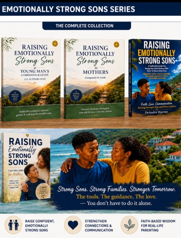 Thumbnail Description:  A warm, professional product bundle featuring the Raising Emotionally Strong Sons eBook, companion workbooks, , and a 7-Day daily guide designed to help single mothers raise emotionally strong, confident, respectful, and resilient 