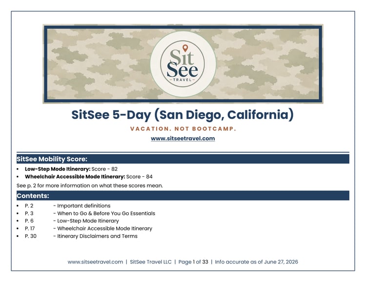 Cover of the SitSee low-step and wheelchair-accessible 5-day San Diego itinerary