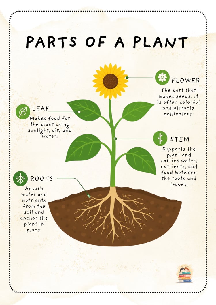 Printable Parts of a Plant flashcards featuring roots, stem, leaves, flower, fruit, and seeds for preschool, kindergarten, and early science learning.