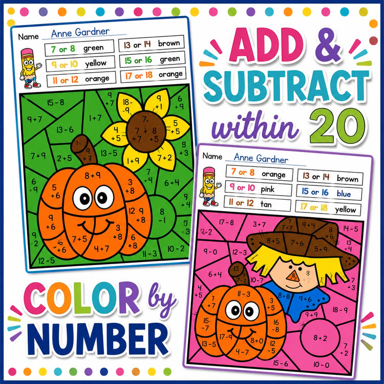 Halloween Pumpkin Color by Number | Addition & Subtraction Within 20 Math Activity
