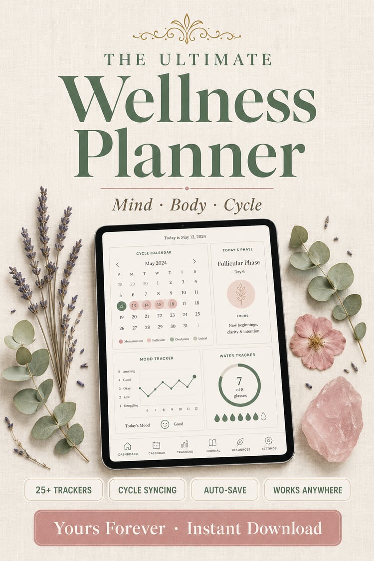 wellness planner, cycle tracker, period tracker, hormone balance, cycle syncing, self care routine, habit tracker, mood tracker, soft girl era, women's wellness, holistic wellness, mindfulness planner, gratitude journal, daily wellness, healthy habits, gl