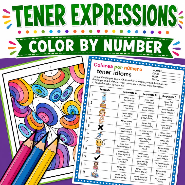 Tener Idioms Activity | Spanish Tener Expressions Color by Number