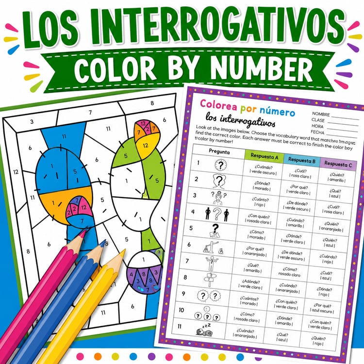 Spanish Interrogatives Activity | Spanish Color by Number Worksheet