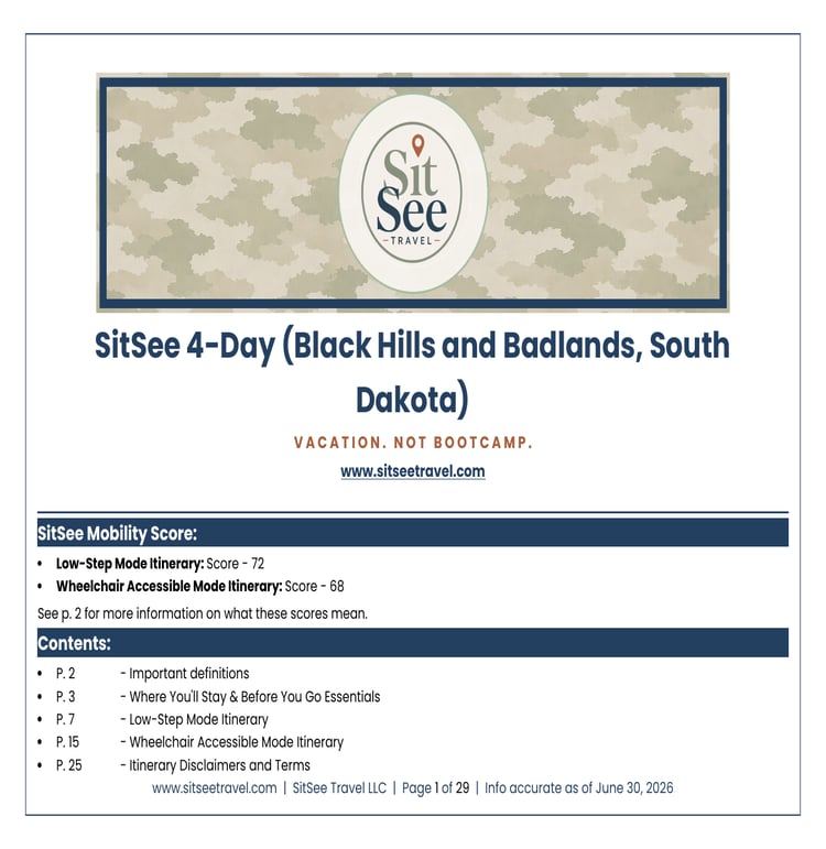 Cover of the SitSee low-step and wheelchair-accessible 4-day Black Hills and Badlands road trip